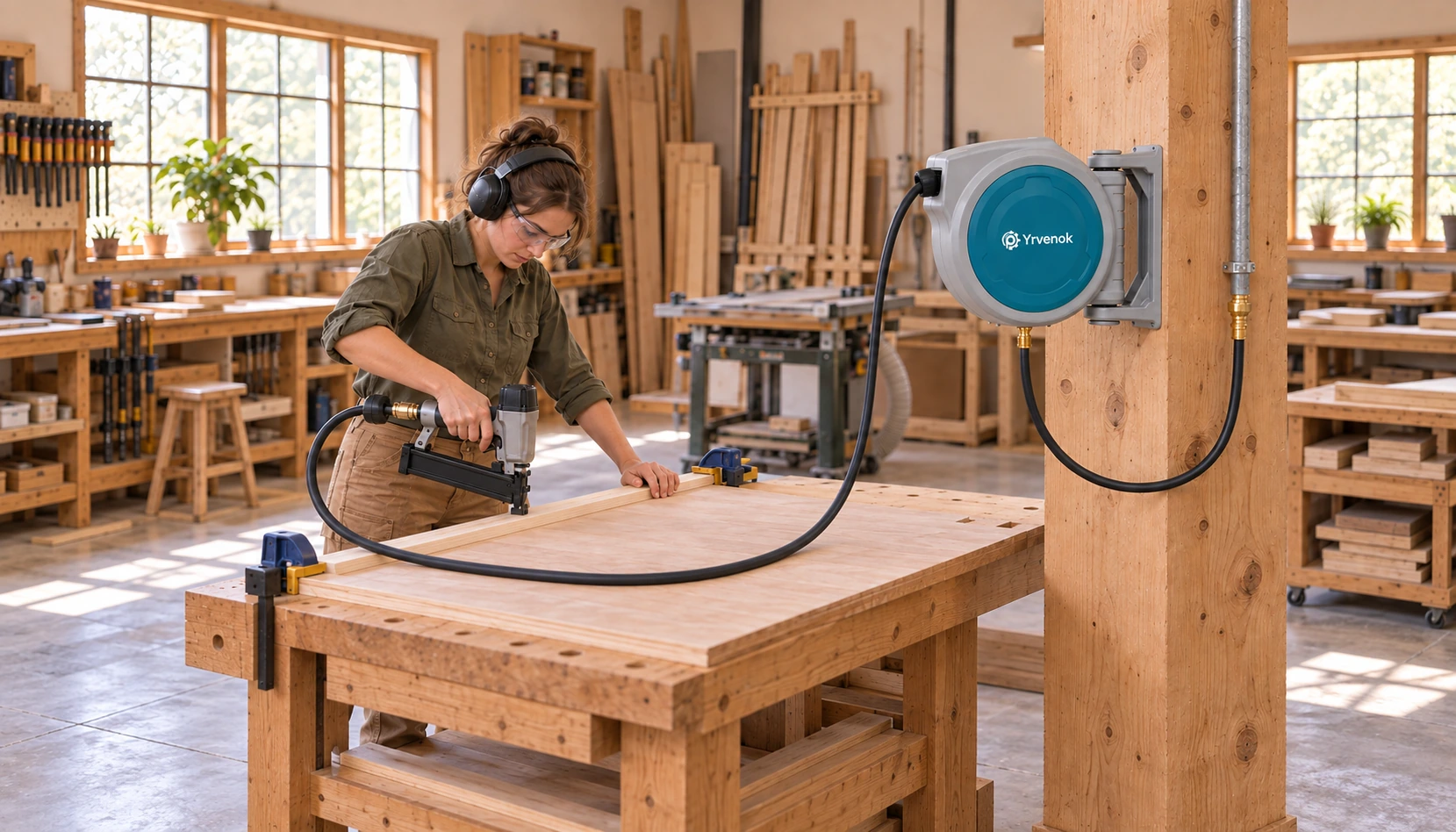 Brand visualization: Yrvenok FDAB30 with a bottom inlet on its round housing, supplying a carpenter using a pneumatic brad nailer on clamped timber