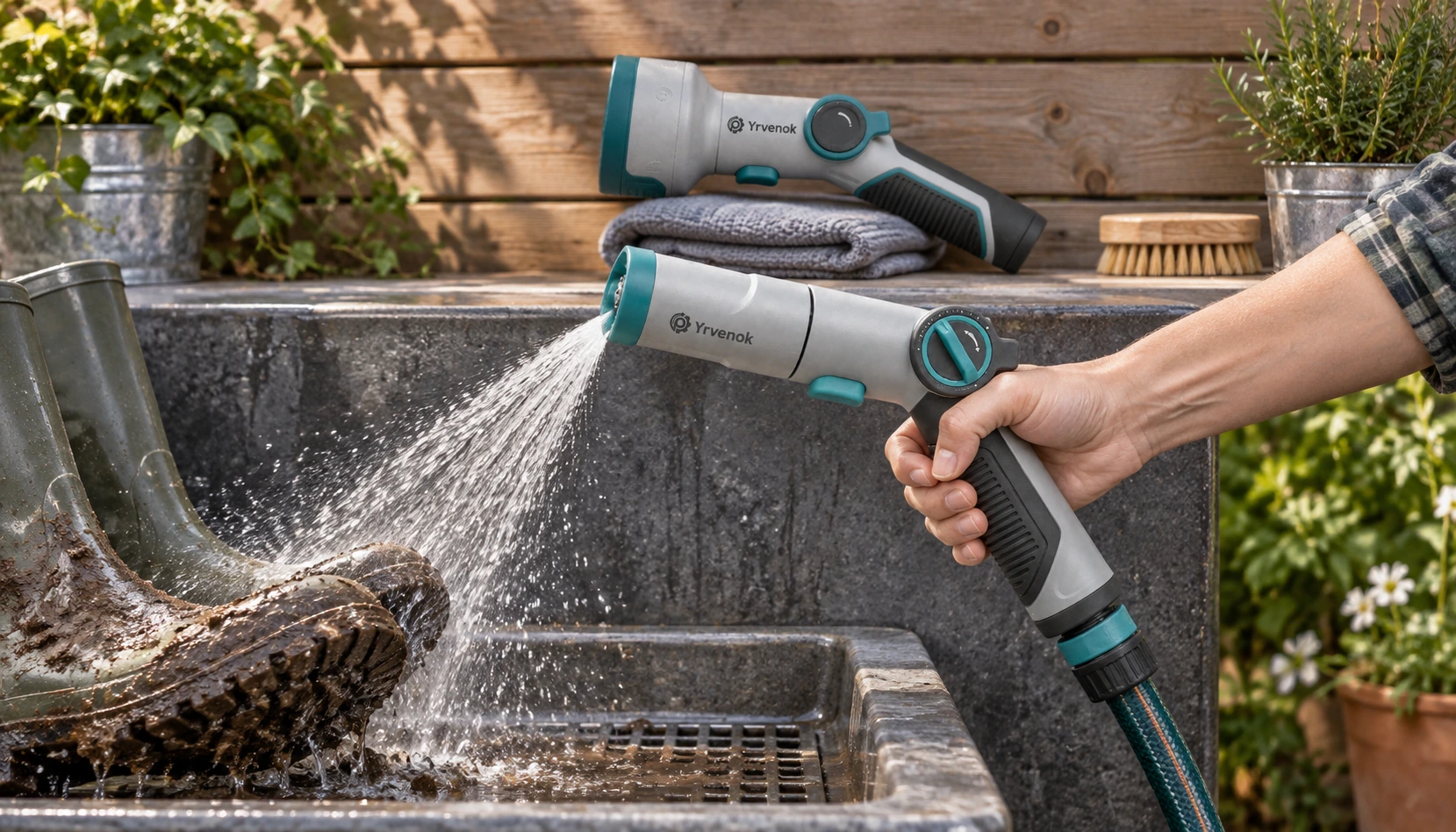Brand visualization: FDSG05 rinsing gardening boots over a drain while a separate FDSG06 rests on a dry shelf