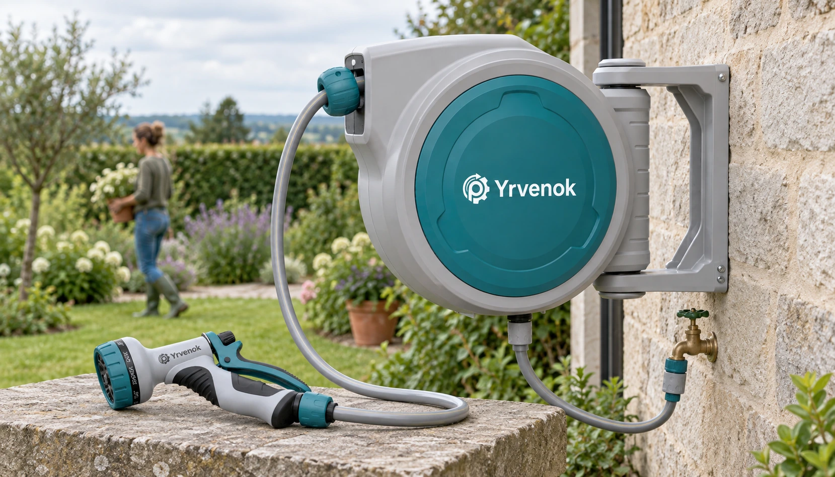 Brand visualization: Yrvenok FDWB20 reel mounted at a masonry corner with a round-casing lower feed and FDSG01 connected at the handle base, resting after use