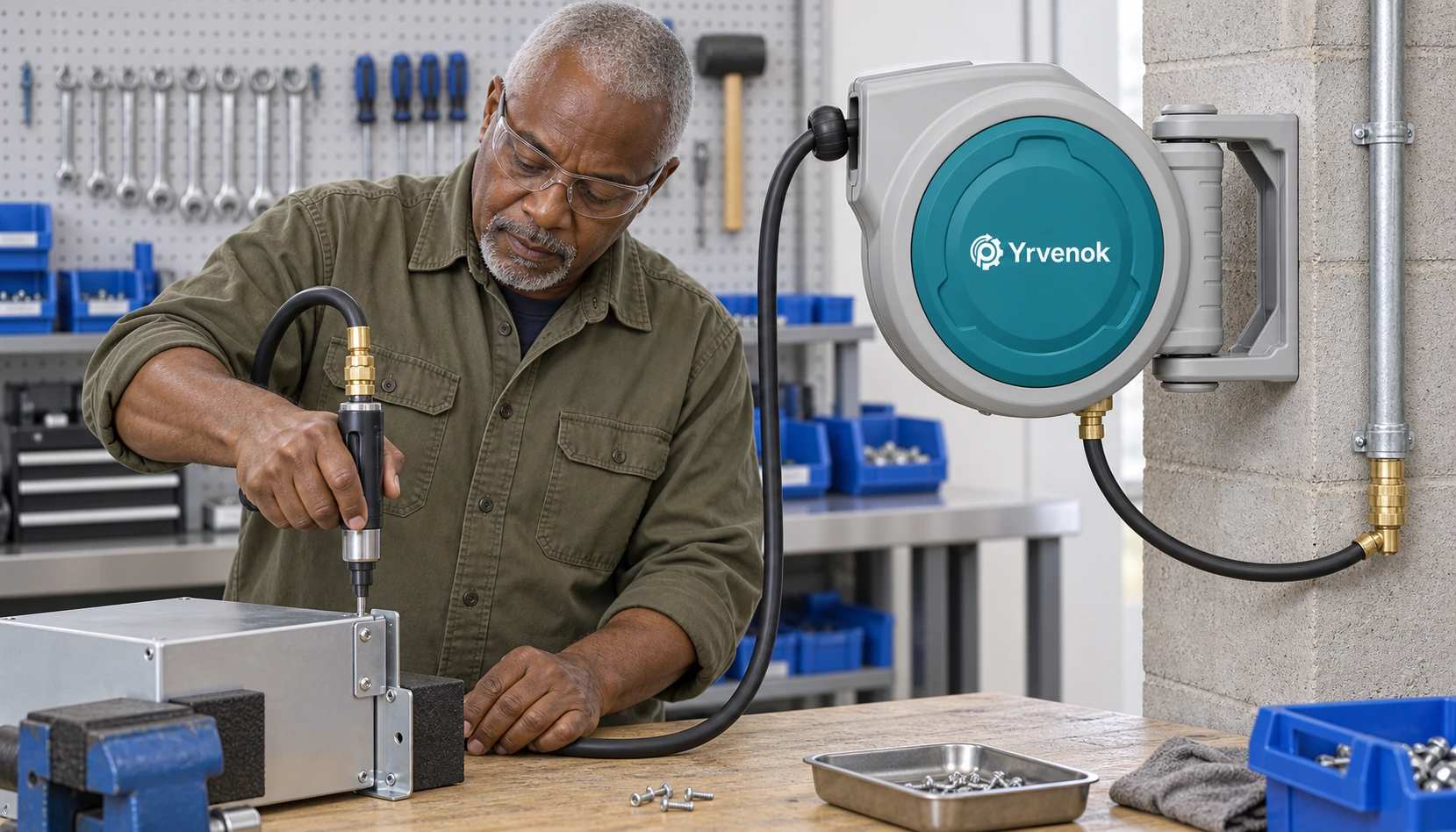 Brand visualization: FDAB10 supplying a pneumatic screwdriver beside a clamped enclosure, with separate supply and working hoses