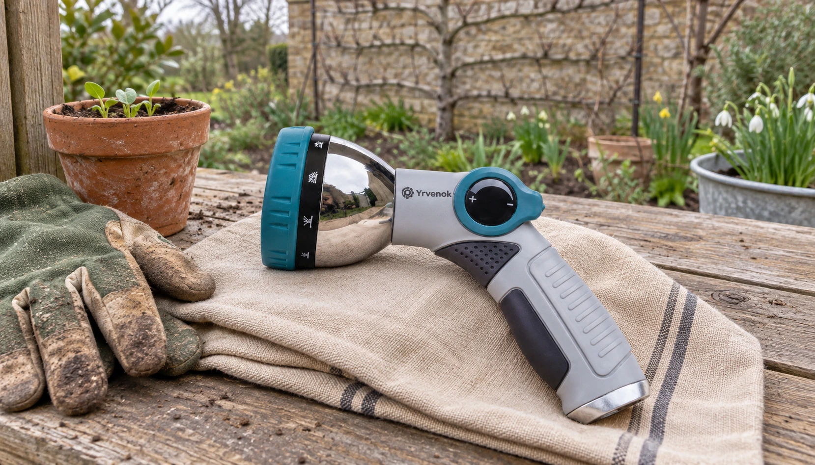Brand visualization: Yrvenok FDSG03 spray gun disconnected on a cloth beside gardening gloves for a pre-season inspection