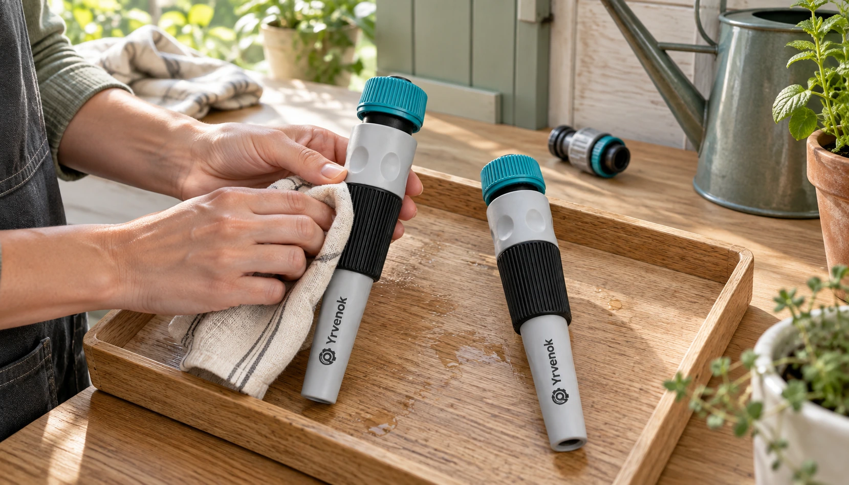 Brand visualization: FDSG08 and FDSG09 nozzles disconnected and supported in a drying tray during after-use care; not a standard package claim