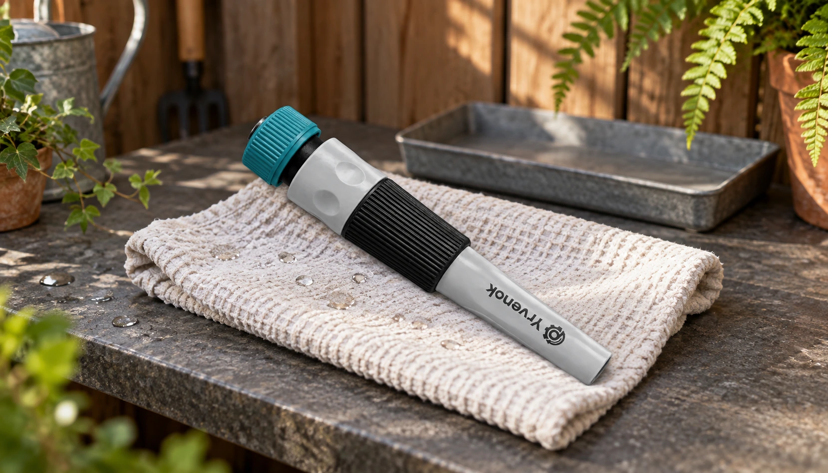 Brand visualization: Yrvenok FDSG08 nozzle disconnected and resting on a towel on a garden-shed shelf after use