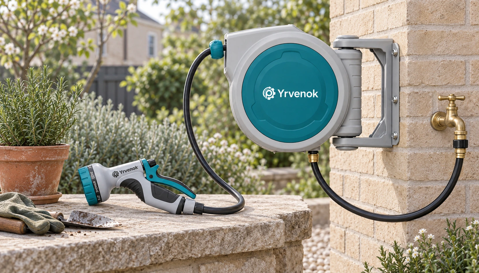 Brand visualization: FDWB15 reel with a separate tap-to-round-casing feed and a connected FDSG01 resting on a ledge before watering; accessory pairing shown, not a standard kit claim
