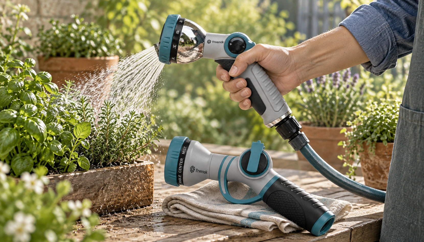 Brand visualization: FDSG03 connected at its handle base watering potted herbs, with a separate FDSG04 resting on a dry cloth