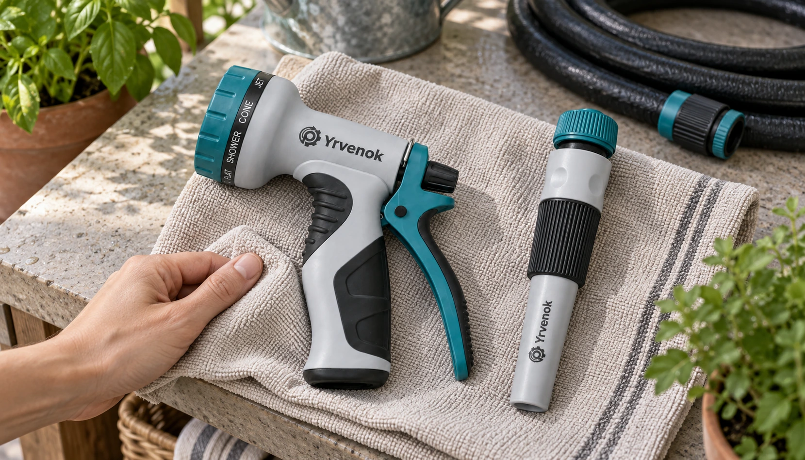 Brand visualization: FDSG01 spray gun and FDSG07 nozzle disconnected and resting separately on a drying cloth after watering