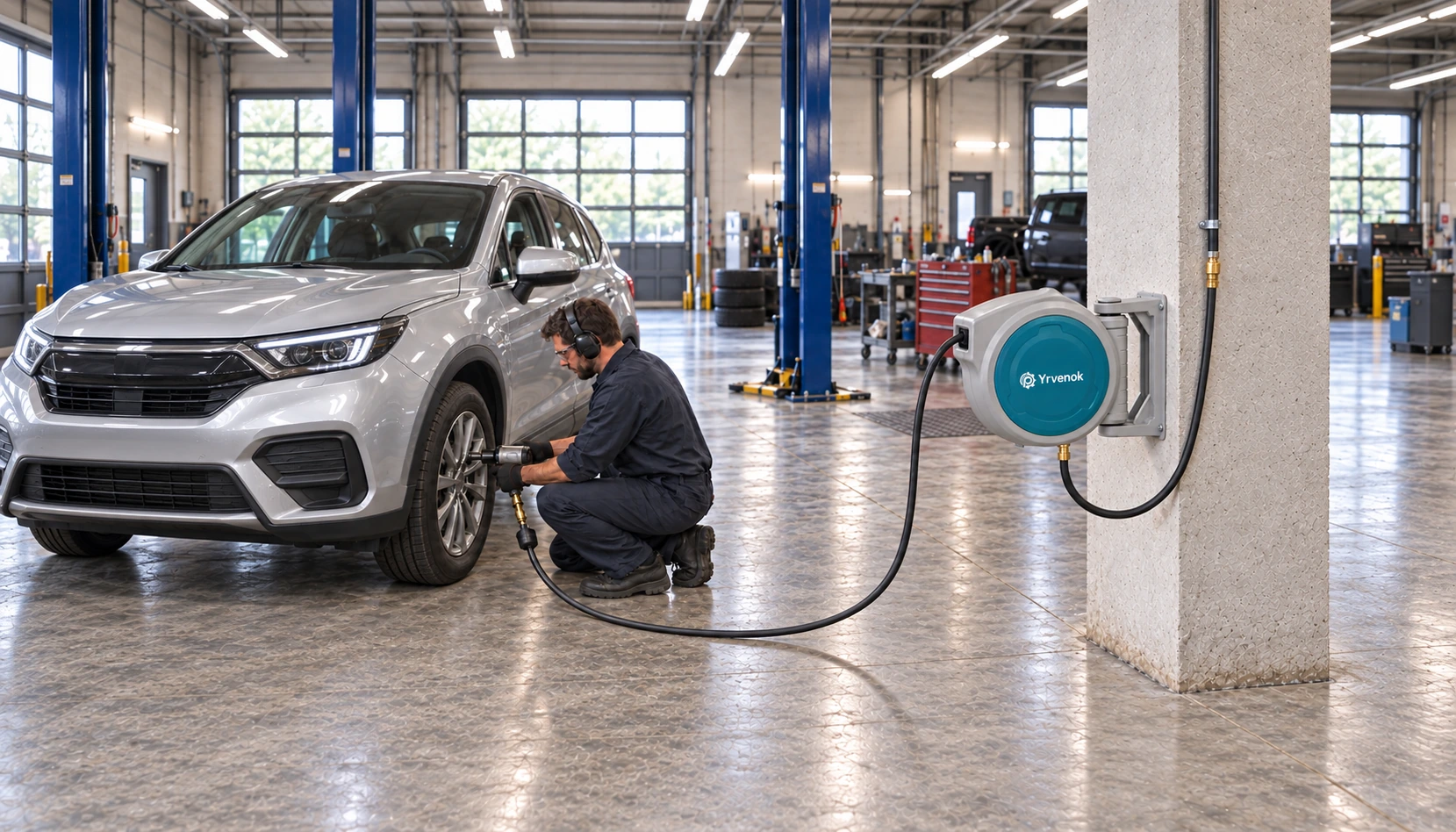 Brand visualization: Yrvenok FDAB30 air hose reel secured by its bracket, with a bottom air inlet on the round housing and a connected pneumatic impact wrench used at a vehicle wheel