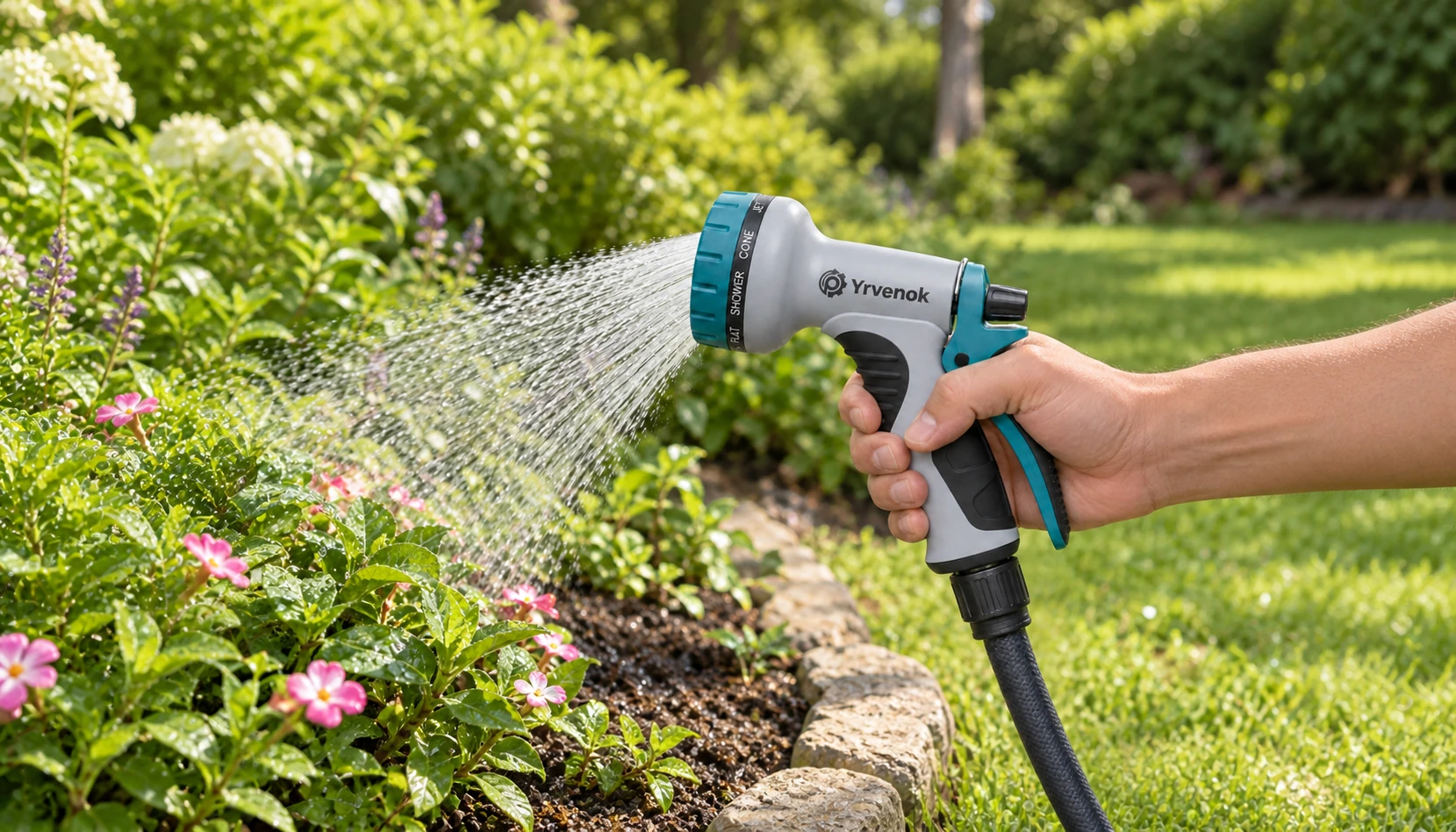 Brand visualization: Yrvenok FDSG01 spray gun with a connected hose gently watering a flower bed