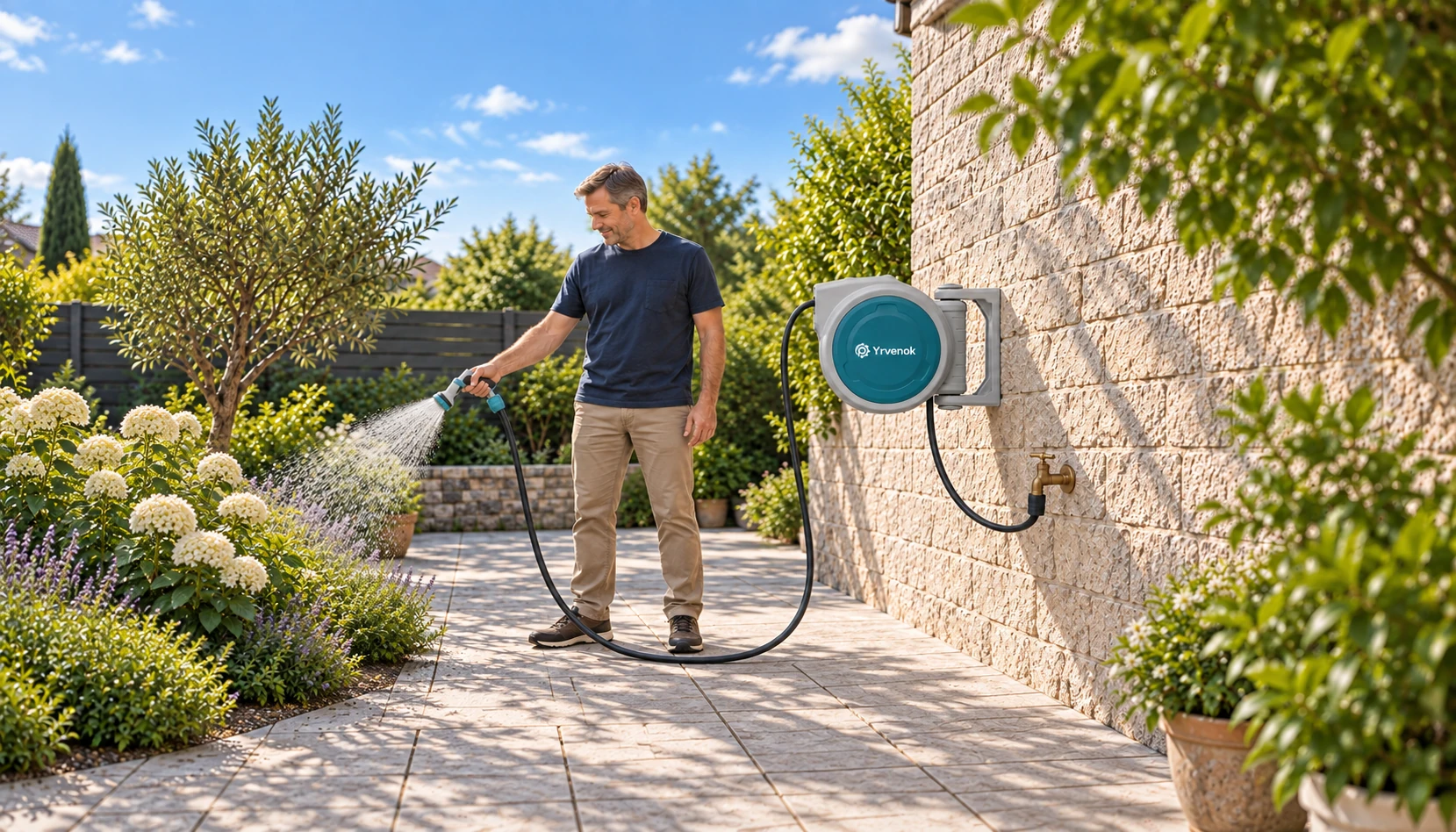 Brand visualization: Yrvenok FDWB40 wall-mounted hose reel with connected supply and working hoses and its matching nozzle watering a planted bed