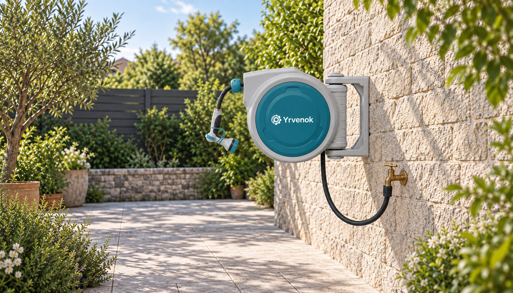 Brand visualization: Yrvenok FDWB40 hose reel on its wall bracket, with a connected supply hose and retracted hose and matching nozzle