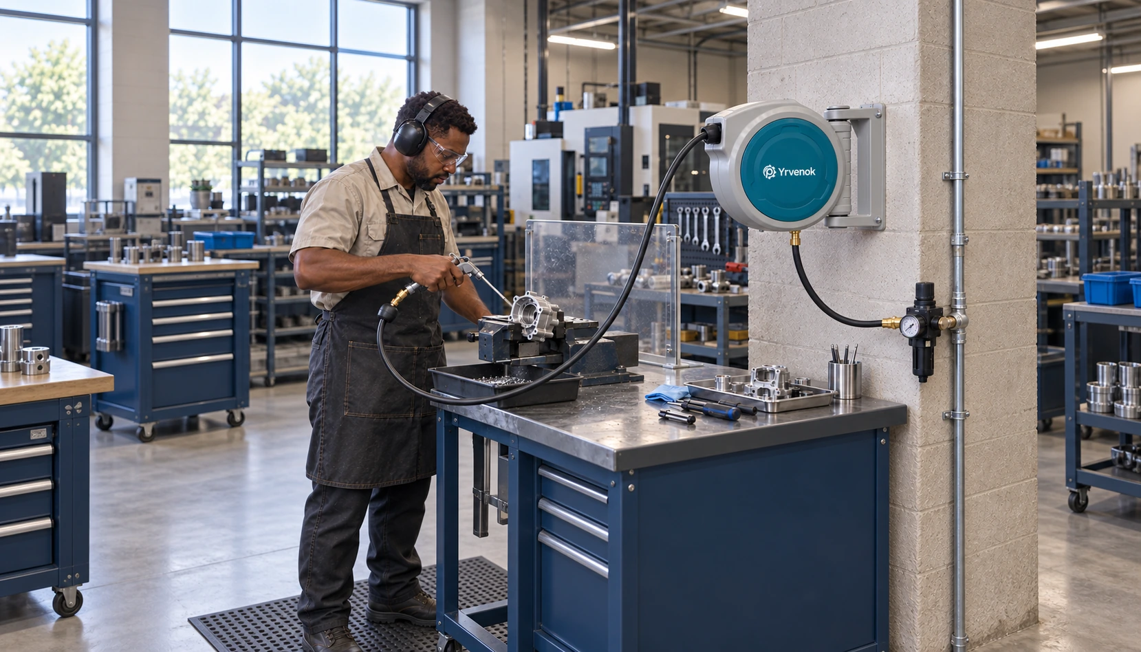 Brand visualization: Yrvenok FDAB30 with a bottom inlet on its round housing, supplying a technician using an air blow gun at a guarded workbench