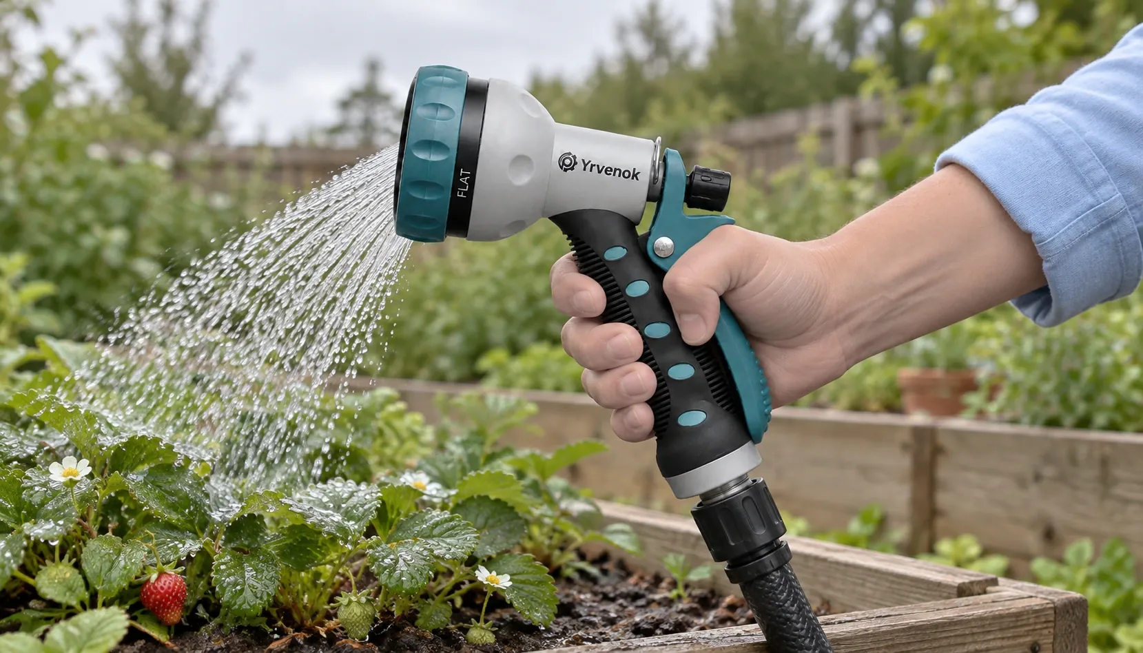 Brand visualization: Yrvenok FDSG02 spray gun with its rear lever squeezed and a hose connected at the handle base, gently watering strawberry plants